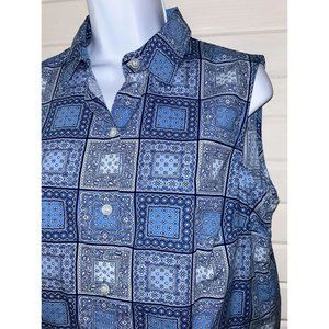 VTG Talbots Sz MEDIUM Blue White Sleeveless Medallion Tile Button Up Shirt EUC